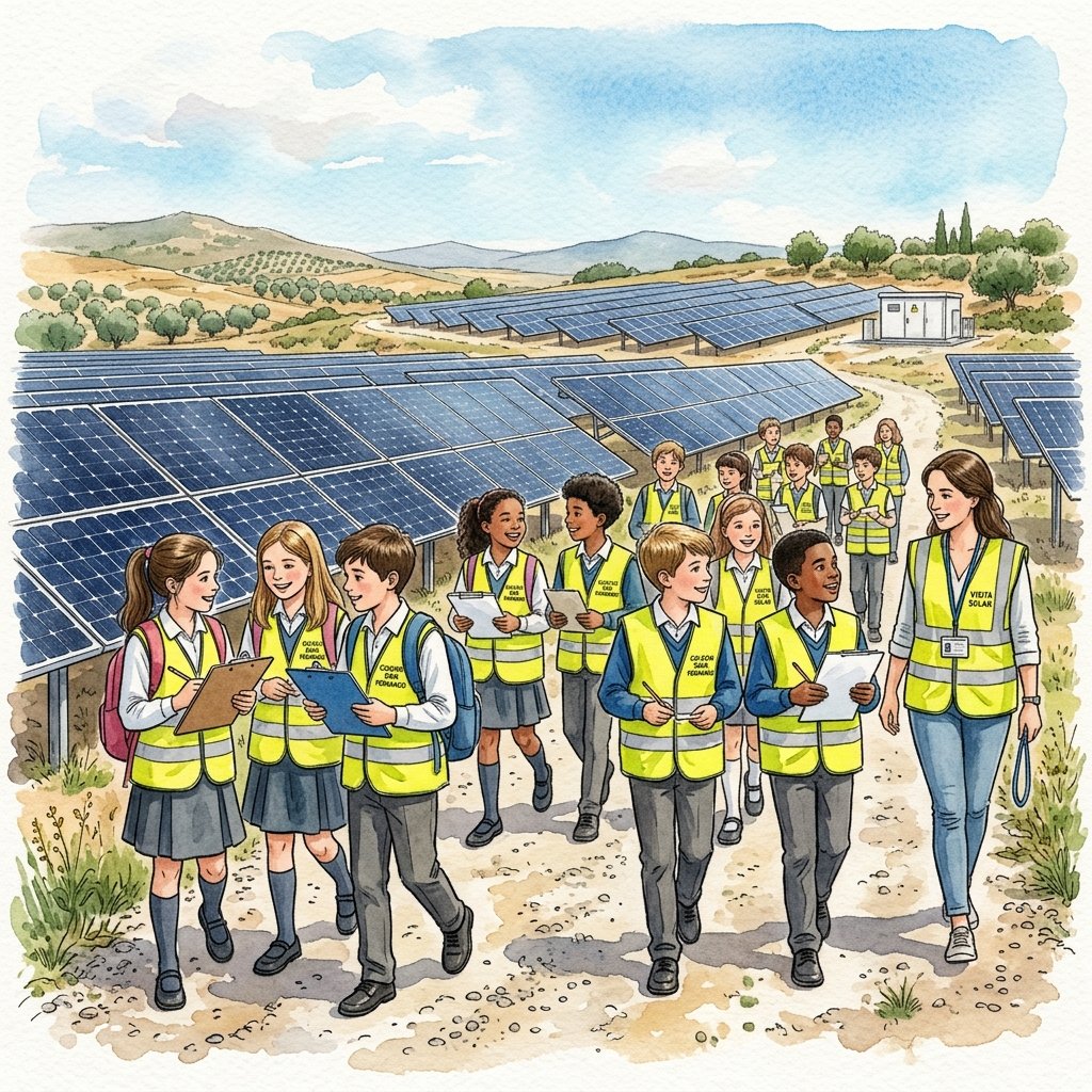 Estudiantes recorriendo una planta solar en el campo andaluz